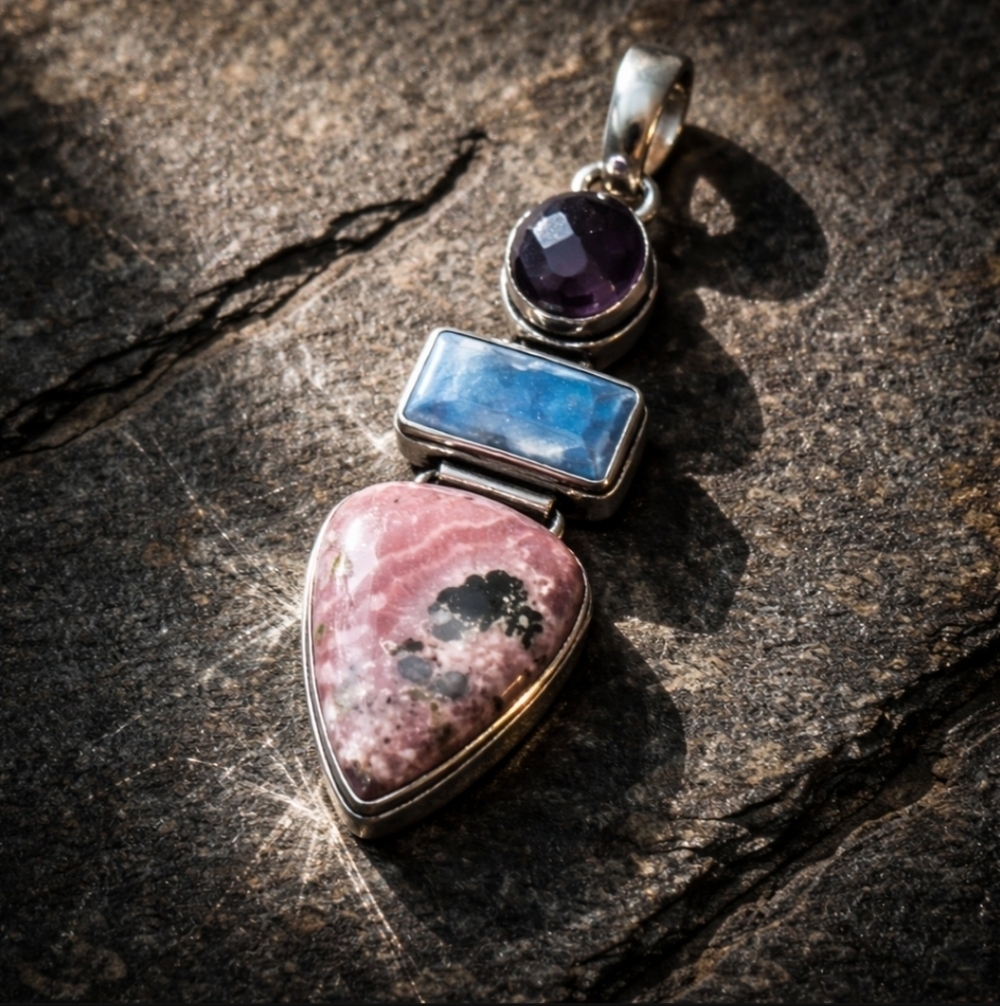 Rhodonite, Rainbow Moonstone, Amethyst Gemstone Long 2.5” Boho Silver Pendant - Picture 11 of 11